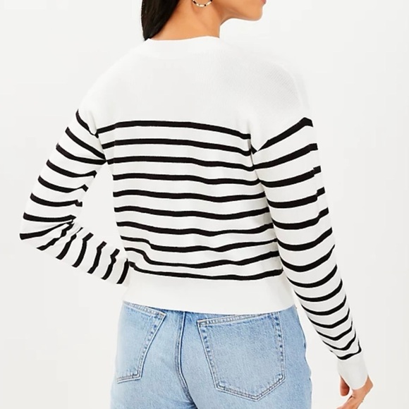 Loft White and Black Striped Button Front Long Sleeve Cardigan Sweater - Picture 2 of 10